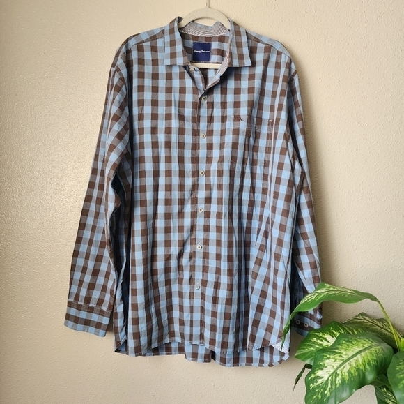 Tommy Bahama Brown Blue Buffalo Plaid Floral Button Down Casual Top Mens 2x - Picture 1 of 11